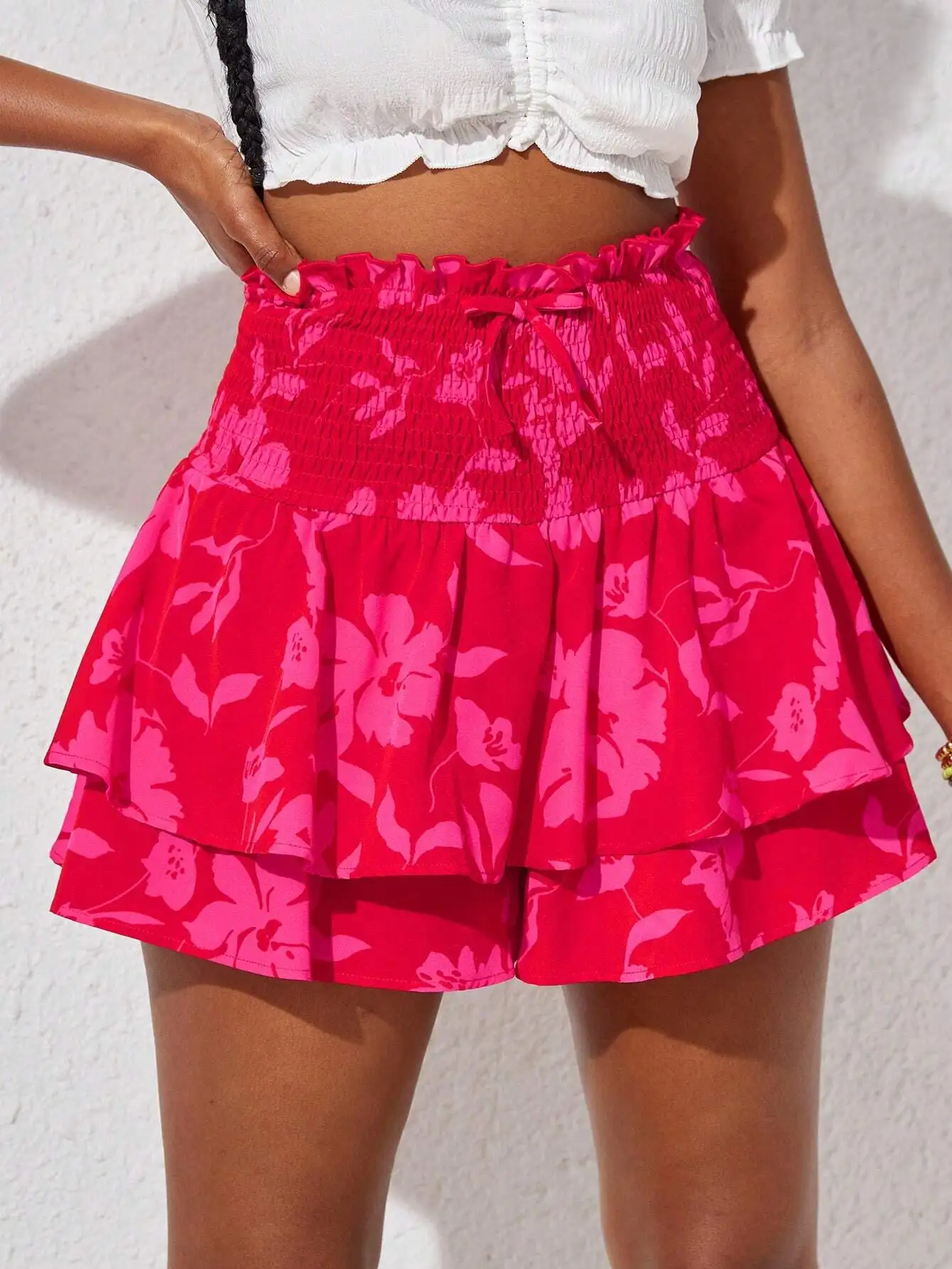 

Floral Print Double Layer Ruffle Hem Skort With Drawstring Waist