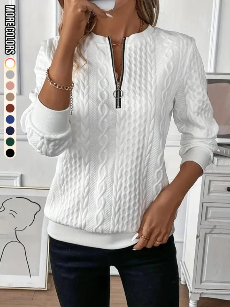 Feminino liso texturizado meio zip up moletom casual manga longa em torno do pescoço pulôver para outono inverno roupas femininas uso diário