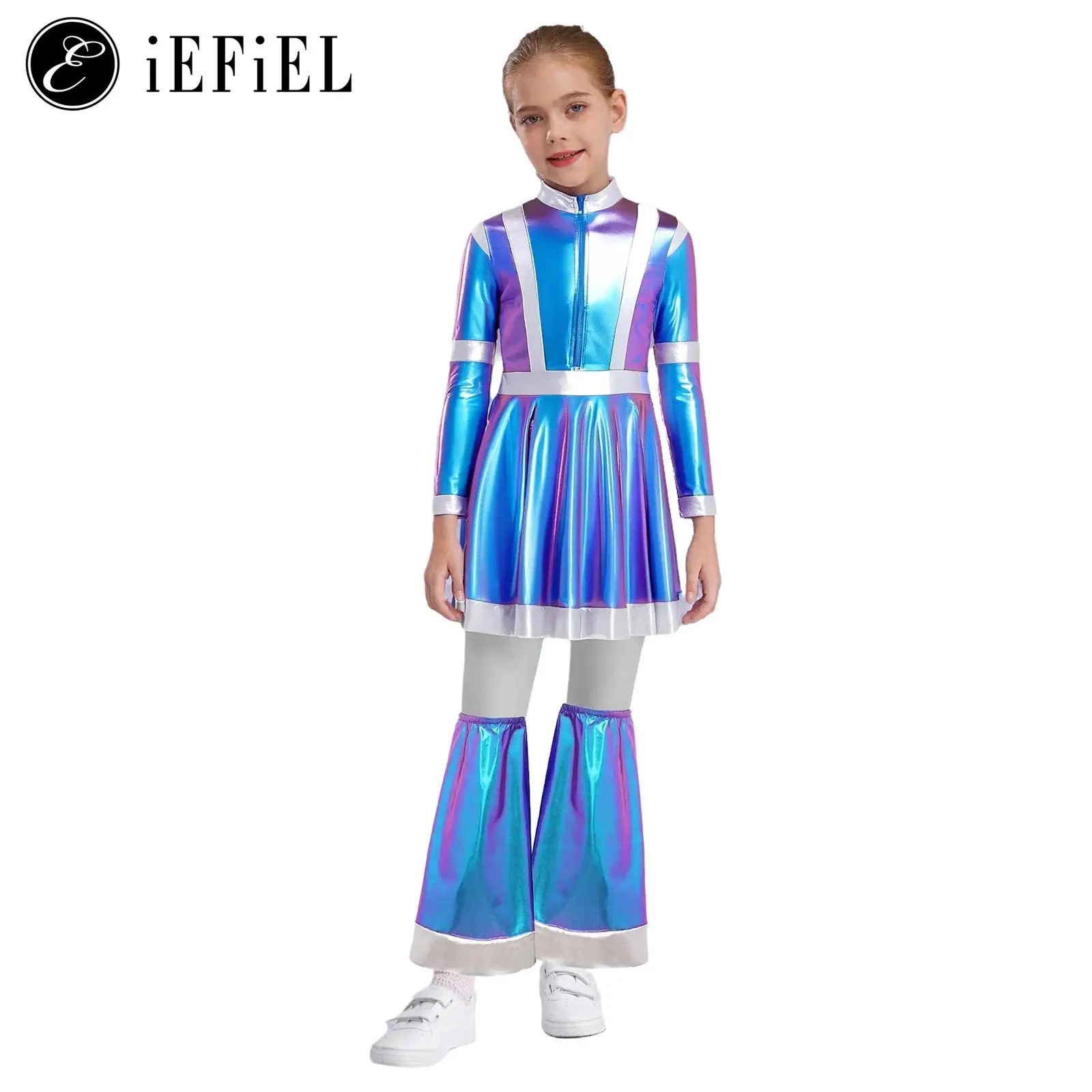 

Alien Girls Halloween Fancy Dress-up Metallic Long Sleeve Zip A Line Dress with Leg Cover Outerspace Robot Guard Uniform
