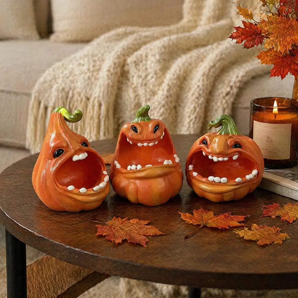 Halloween Pumpkin Storage Box Big Mouth Cartoon Pumpkin Resin Figurine Jewelry Keys Container Desktop Decors