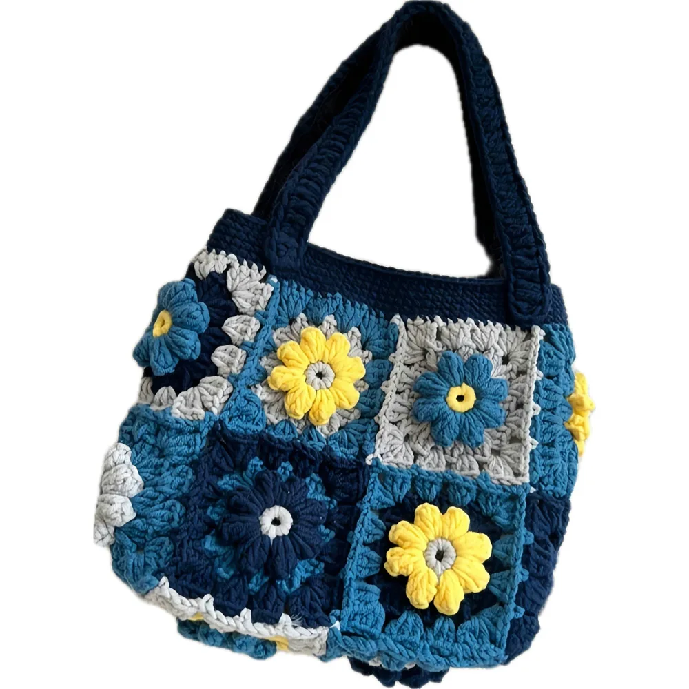 DIY Crocheted Daisy grandmother checkered hand-held bag Make a grandmother checkered crocheted thread storage bag for friend