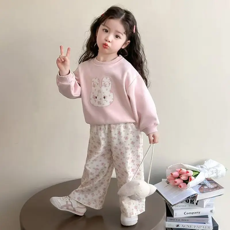 Girls' Clothing Set Spring and Autumn New Style Children's Korean Style Pink Sweater Floral Pattern Straight Pants Two-piece Set
