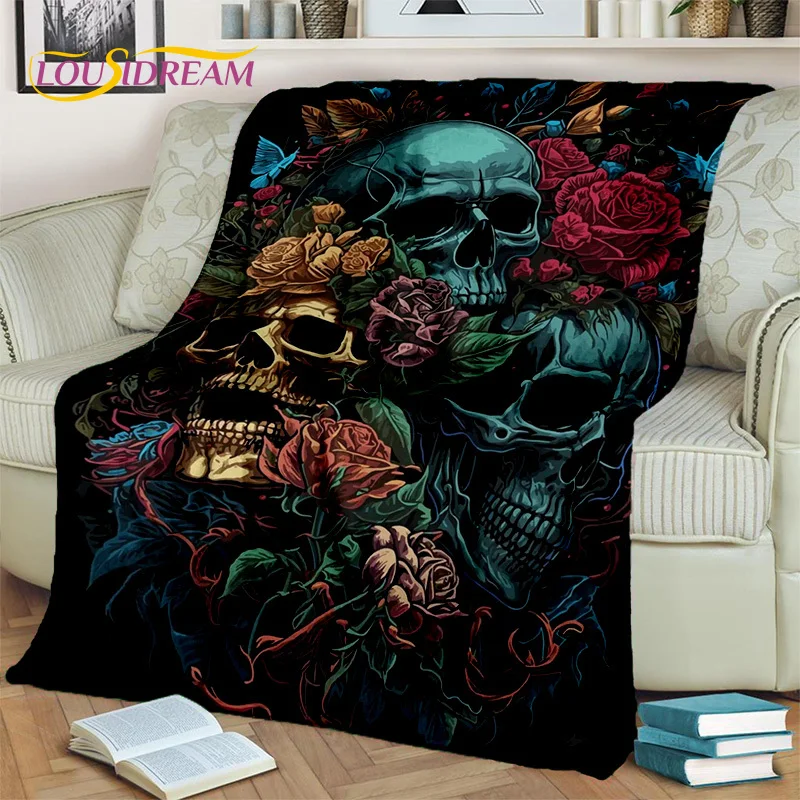 Horrible Cartoon Skull Flower Gothic Blanket,Soft Throw Blanket for Home Bedroom Bed Sofa Picnic Travel Office Cover Blanket Kid