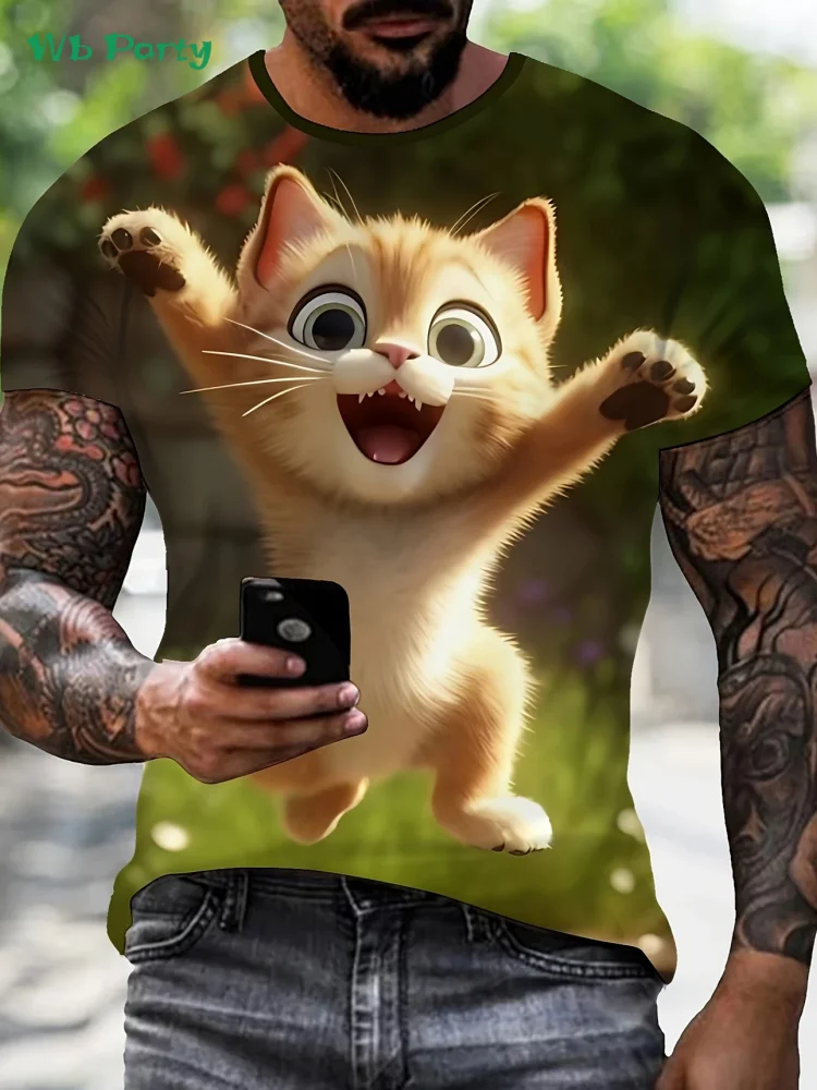 جديد ثلاثية الأبعاد القط تي شيرت مطبوع الصيف في الهواء الطلق الرجال قصيرة الأكمام المحملة موضة الجولة الرقبة الرجال بلايز عادية المتضخم ملابس للرجال