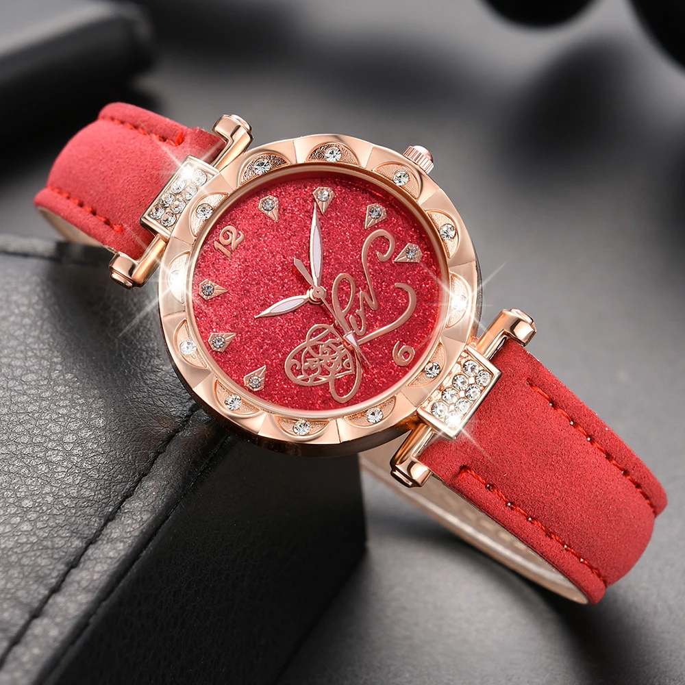 6PCS/Set Red Women Watch Simple Fashionable Leather Strap Quartz Wristwatch Love Element Watch Jewelry Set Gift For Mom