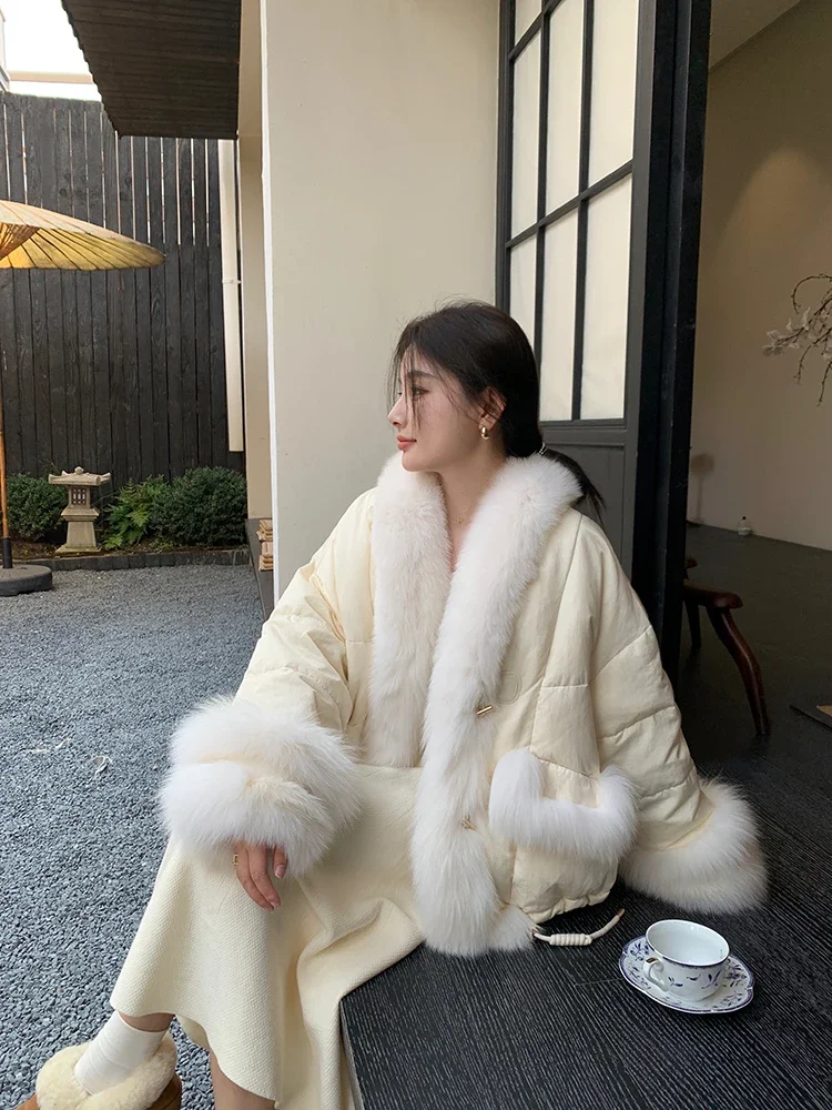 

New Chinese winter fox hair goose down jacket women's short loose national style big fur collar fur jacket