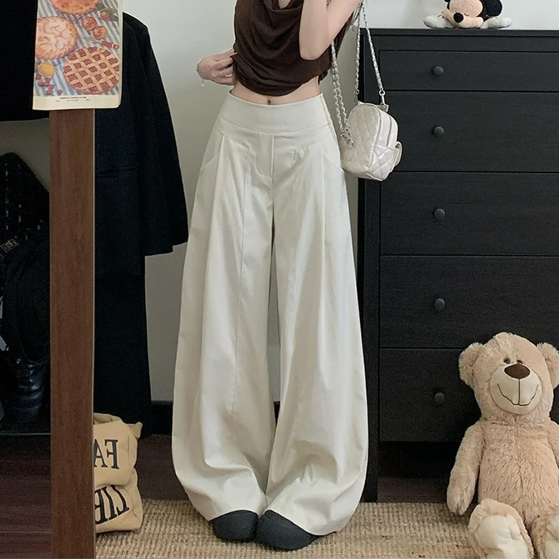 Y2K drapé kaki pantalon à jambes larges femmes printemps automne mince Baggy taille haute pantalon coréen léger luxe longueur au sol pantalon femme