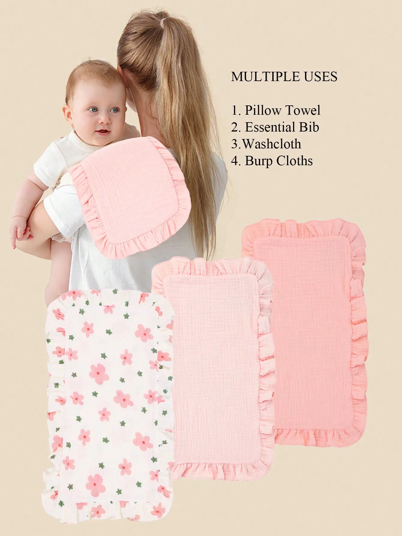

100% Cotton 4 Layers Absorbent and Soft Large Baby Washcloths Burping Rags 3 Pieces floral Muslin Burp Cloths