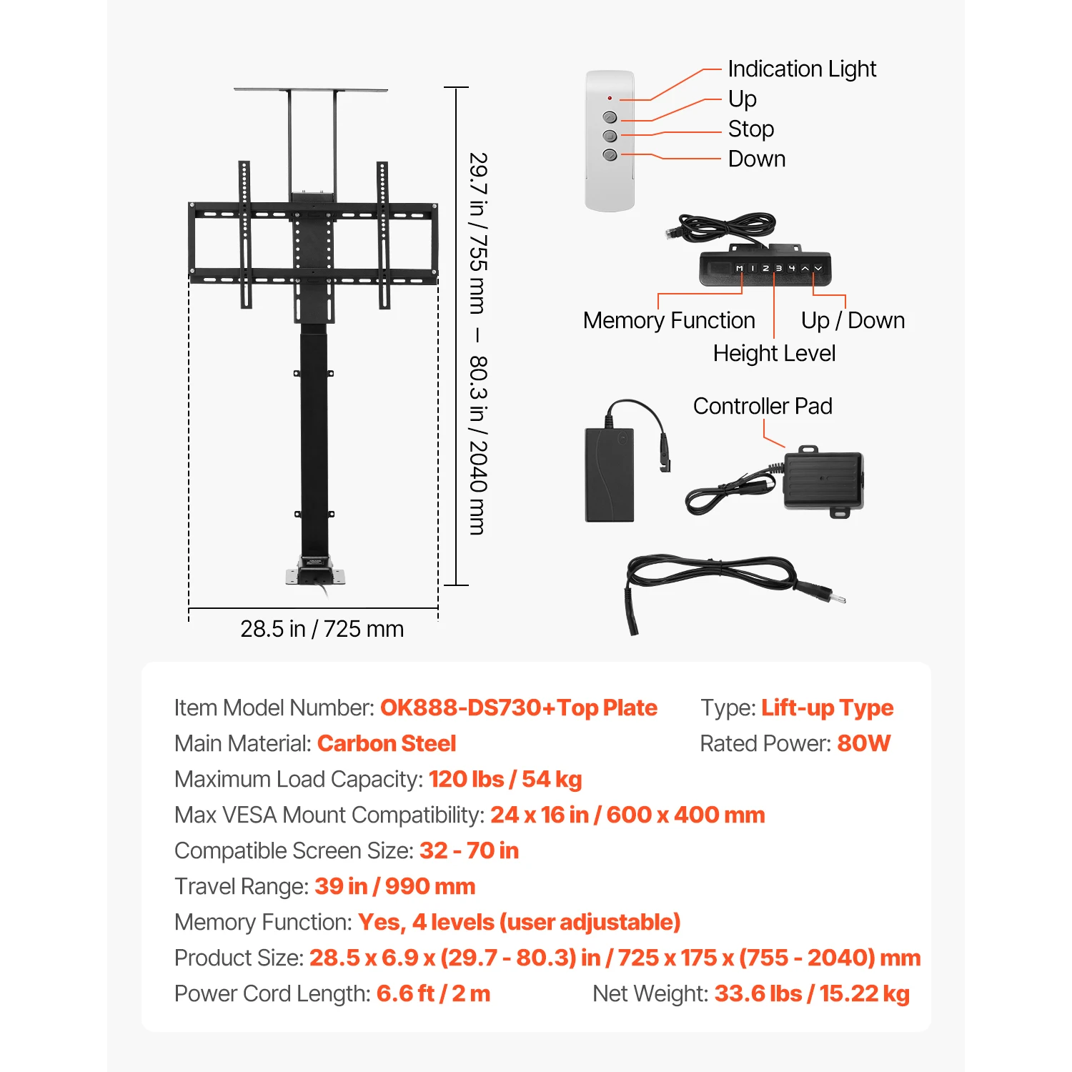 SucceBuy Motorisierte TV-Wandhalterung für 32 bis 55/65/70 Zoll verstellbare TV-Halterung mit maximaler VESA 24 x 16/24 Zoll bis zu 88–132 Pfund 5