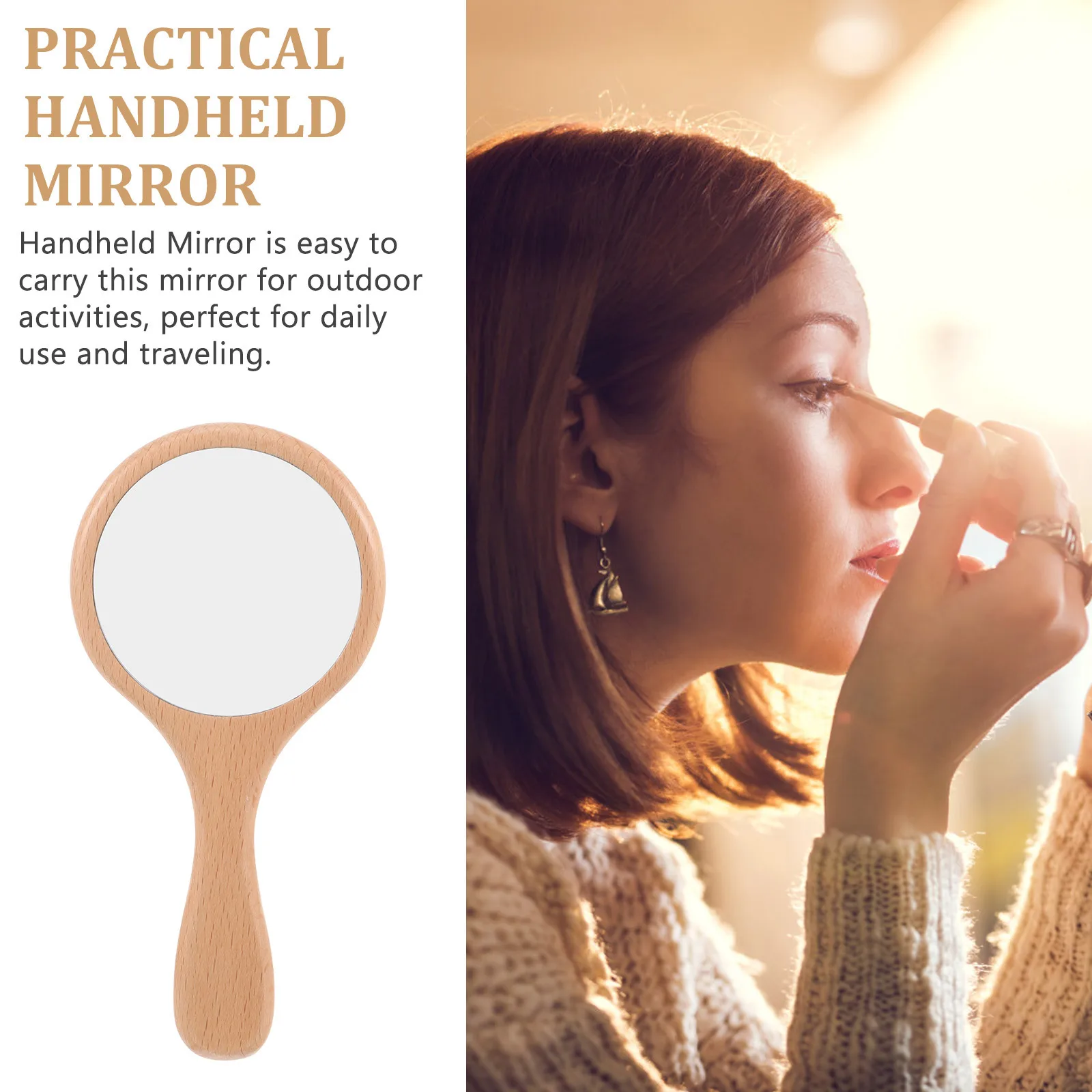 Wooden Handle Small Hand Mirror Portable Makeup Travel Mirror For Women Girls Lightweight Decorative Bathroom