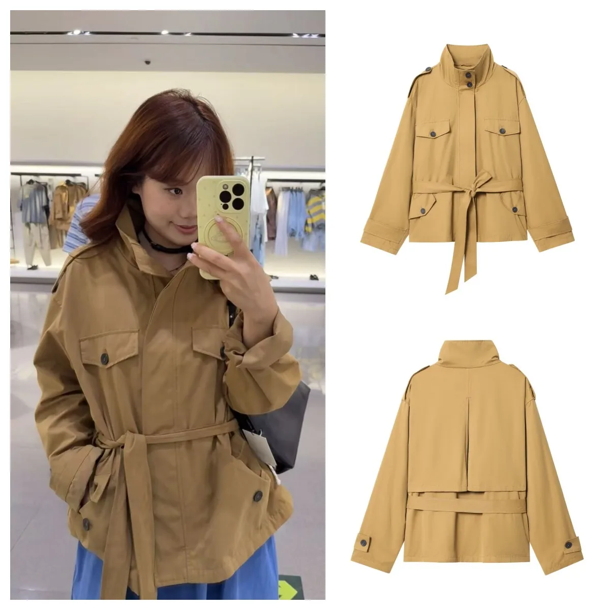 LIBIELIY Fall New Women's Street Fashion Workwear Style Big Pocket Decoration High Neck Belt Trench Coat