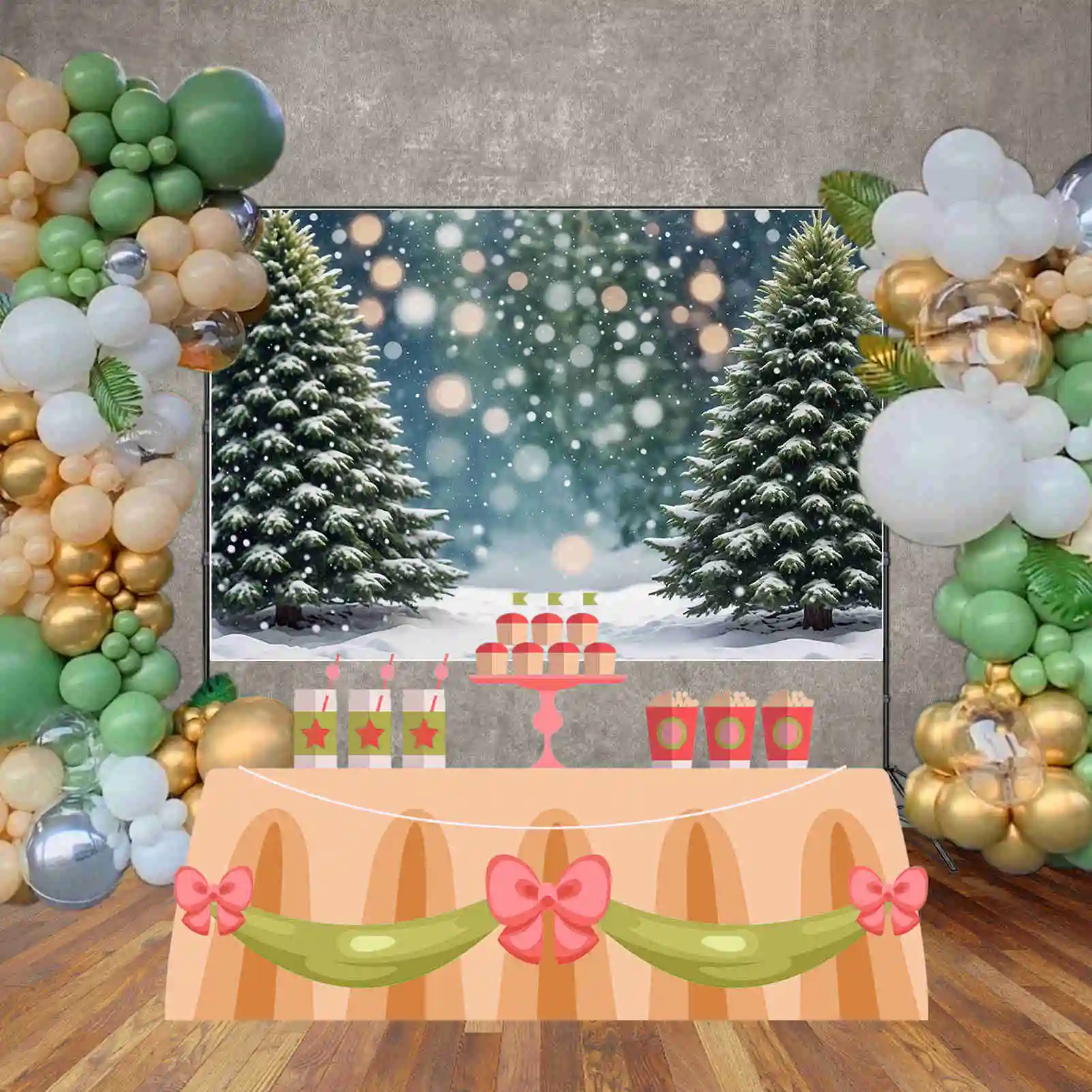 MOON.QG Christmas Outdoor Backdrops Children Field Winter Snow Pine Trees Backgrounds Custom Party Decoration Photo Shoot Props