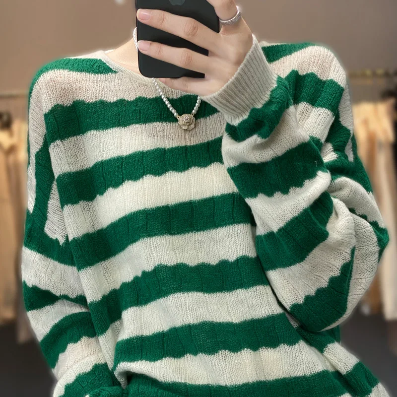 

Autumn Winter New Women 100% Wool Sweater Bottoming Shirt Ladies O-Neck Stripe Stitching Loose Pullover Casual Knit Soft Tops