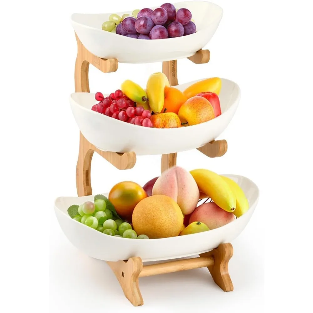 Présentoir à 3 niveaux pour fruits, légumes et collations avec 3 bols en plastique de tailles différentes, cadre stable en ABS et bois, assemblage rapide en 1 minute, plateau de service élégant pour pique-nique, mariage, anniversaire, exposition, cadeau de pendaison de crémaillère, fête ou événement.