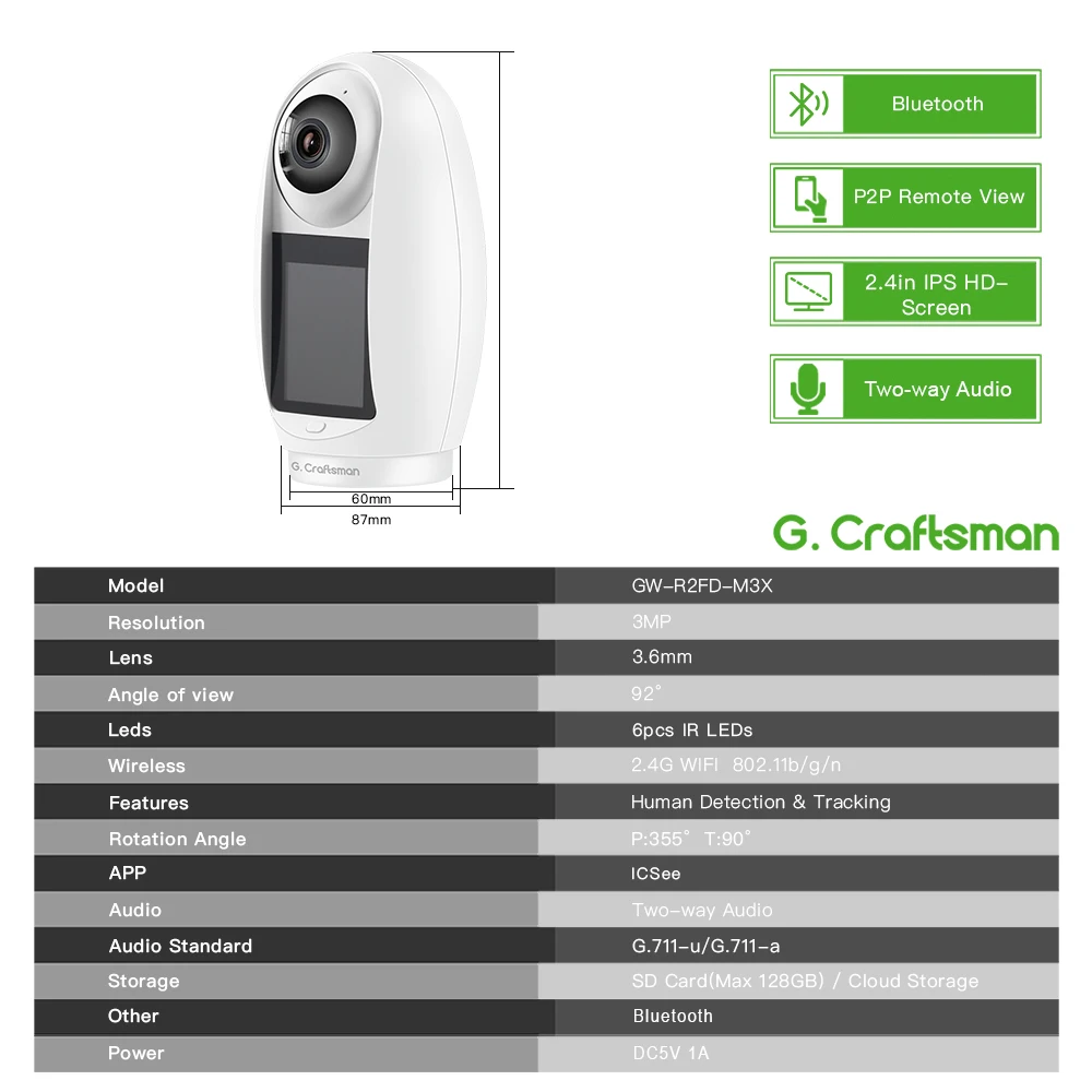 G.Craftsman-Smart IP Camera, One-Key Call IP Camera, Video Calling, WiFi, 2.4 Inch IPS Screen, Two-way Audio Surveillance,ICSEE