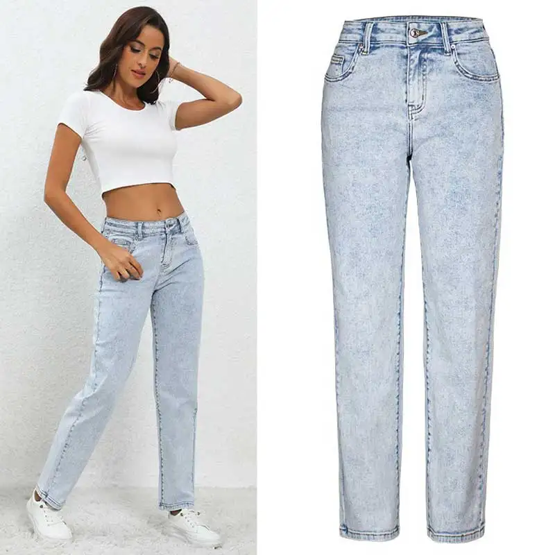 Elastic Light Blue Women's Jeans High-Waisted Loose Straight Wide Leg Jeans