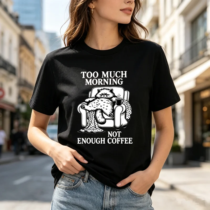 Funny Coffee Cat T-Shirt Too Much Morning Not Enough Coffee Graphic Tee Vintage Casual Streetwear Shirt for Coffee Unisex Tops