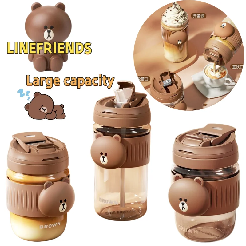 

LINE FRIENDS New Creative Brown Bear Glass Cup, Cartoon, High-Appearance, Large Capacity, Student Juice and Coffee Dual-Use Cup