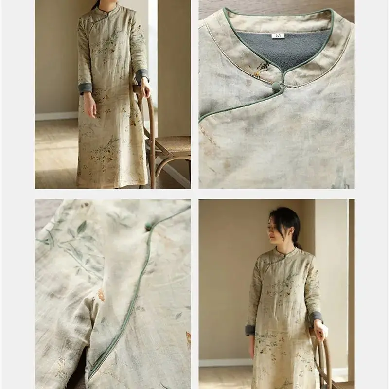 النمط الصيني شيونغسام فستان المرأة الخريف جديد القطن الكتان الأزهار فساتين مُزينة بطباعة موضة سميكة المخملية فضفاضة رداء الأدبي