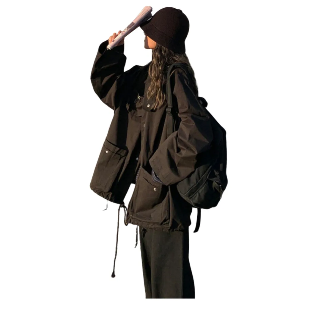 Women's 2025 Spring Thin Korean Style Oversized Utility Jacket Lazy Vibe Stand Collar Design Niche Trench Coat