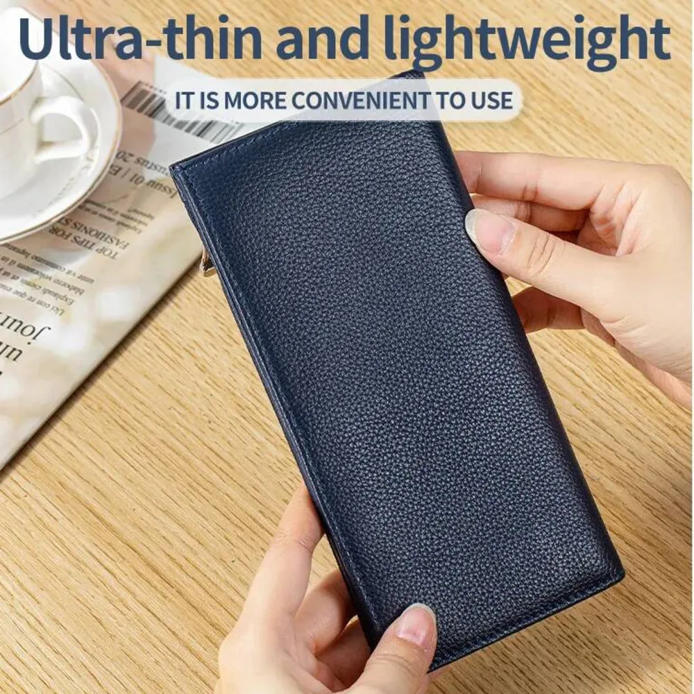Male Purse RFID Multi-card Slot Card Genuine Leather Men's Wallet, Long Ultra-thin Casual Zippered Wallet For Mobile Phones