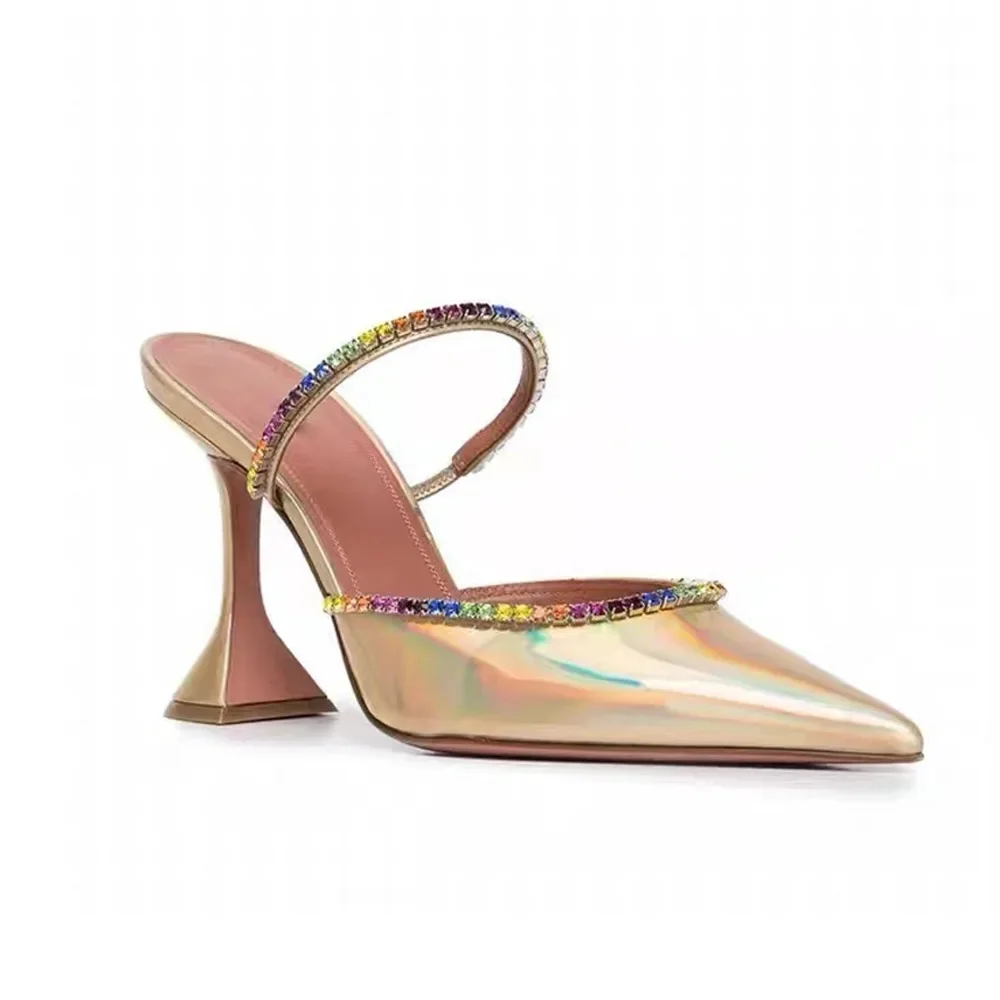 Korean Version of The Trendy Half-slip Women\'s Shoes with Rhinestone Satin Wine Glass Heels Baotou Slippers