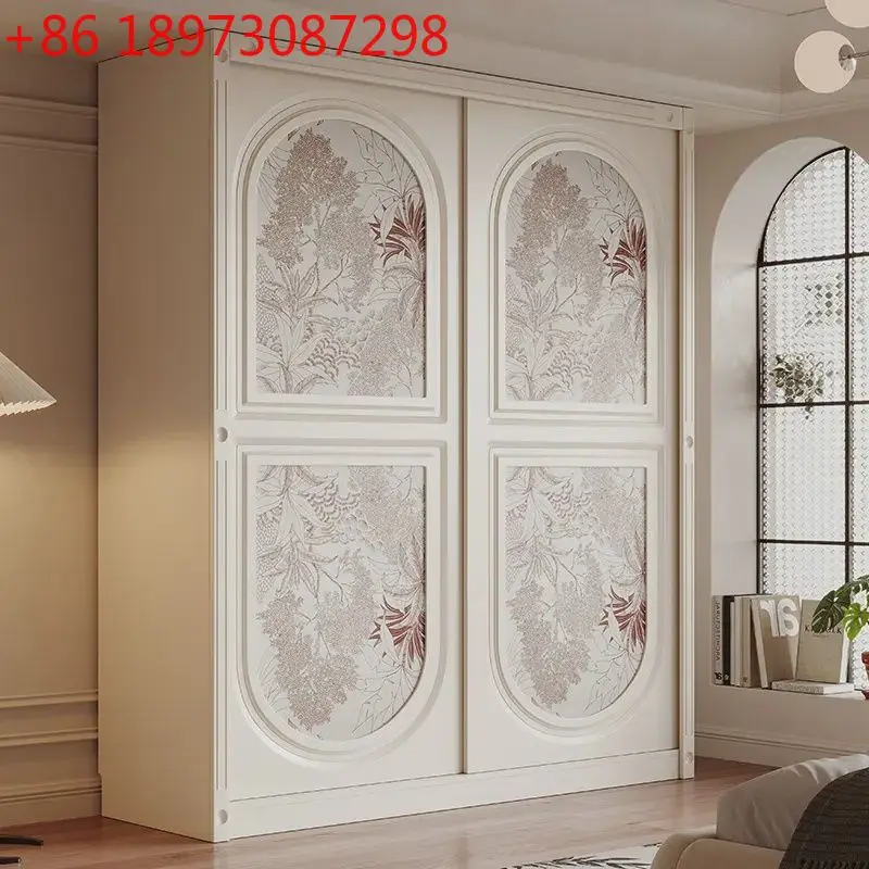 

French cream sliding door wardrobe household European white wardrobe