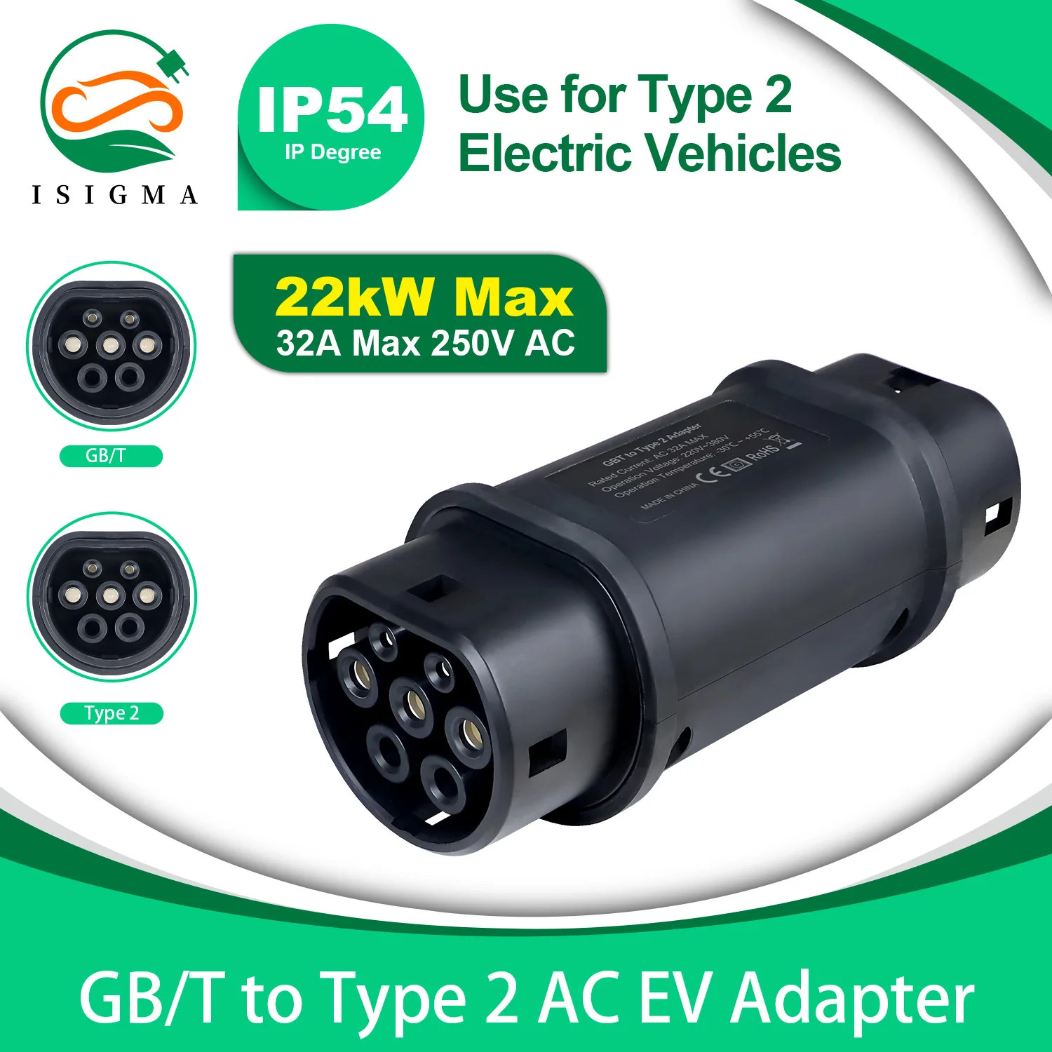 Isigma 32A 7.2kw EV Charger Adapter GBT To Type 2 Conventer Home Charging For EU Electric Vehicle Cars Conventor