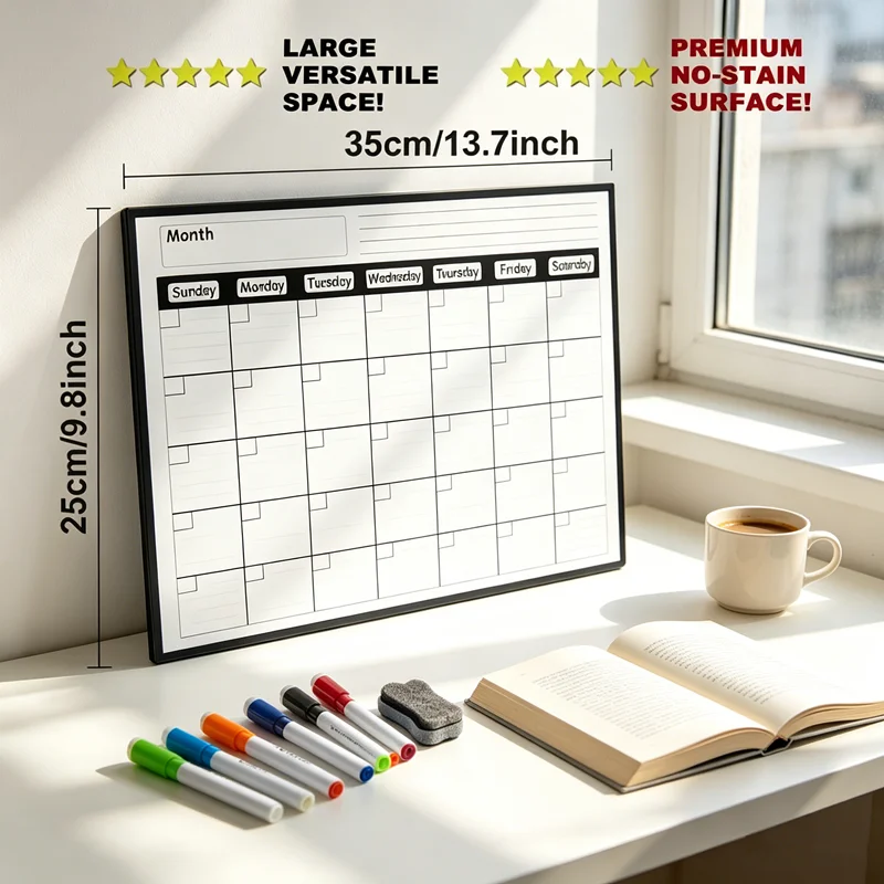 Magnetic refrigerator calendar planner is erasable and reusable, making it easy to organize kitchen refrigerators and meal plans