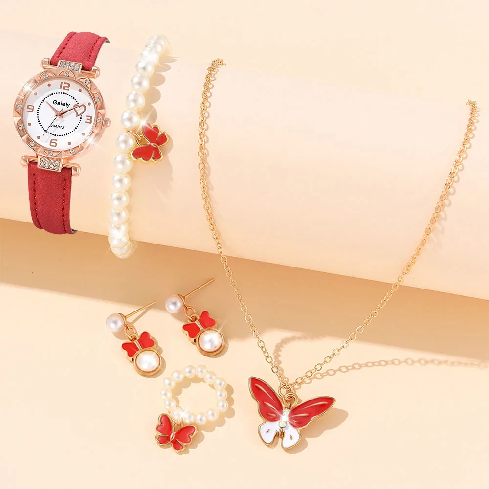 

Red Women Watch 6PCS/Set Cute Heart Quartz Wristwatch Luxury Rhinestone Simulated Watch Butterfly Jewelry Set Gift For Mom