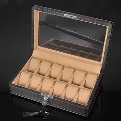 New 12 Slots Leather Watch Box Black Watch Case Storage Box With Lock Luxury Carbon Watch Display Gift Boxes Watch Organizer