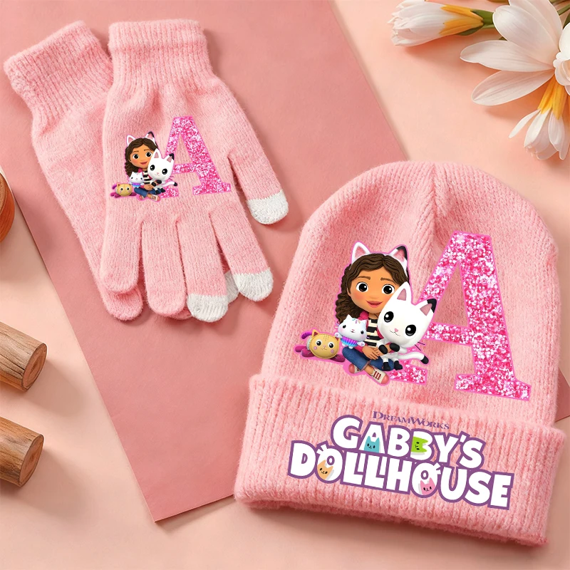 

2pcs Gabby Dollhouses Kids Knitted Hat Gloves Kawaii Cartoon Letter Hat Girls Winter Warm Accessories Children Christmas Gifts