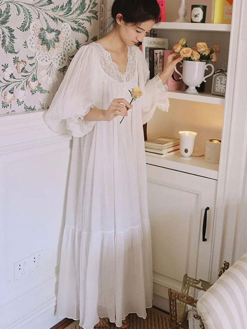 Women Spring Autumn Vintage Cotton Fairy Nightgowns Long Sleeve Lace Nightdress Victorian Night Dress Princess Sleepwear