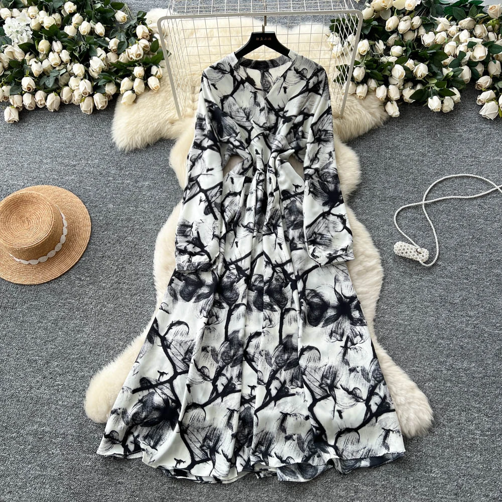 Chic vintage manica lunga scollo a V pieghettato Elegante fata moda coreana Boho abbigliamento donna Abito lungo