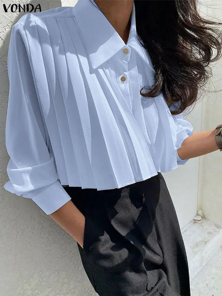 2025 Fashion Women Blouse VONDA Elegant Office Lady Shirt Long Sleeve Solid Color Autumn Pleated Ruffled Party Korean Blusas