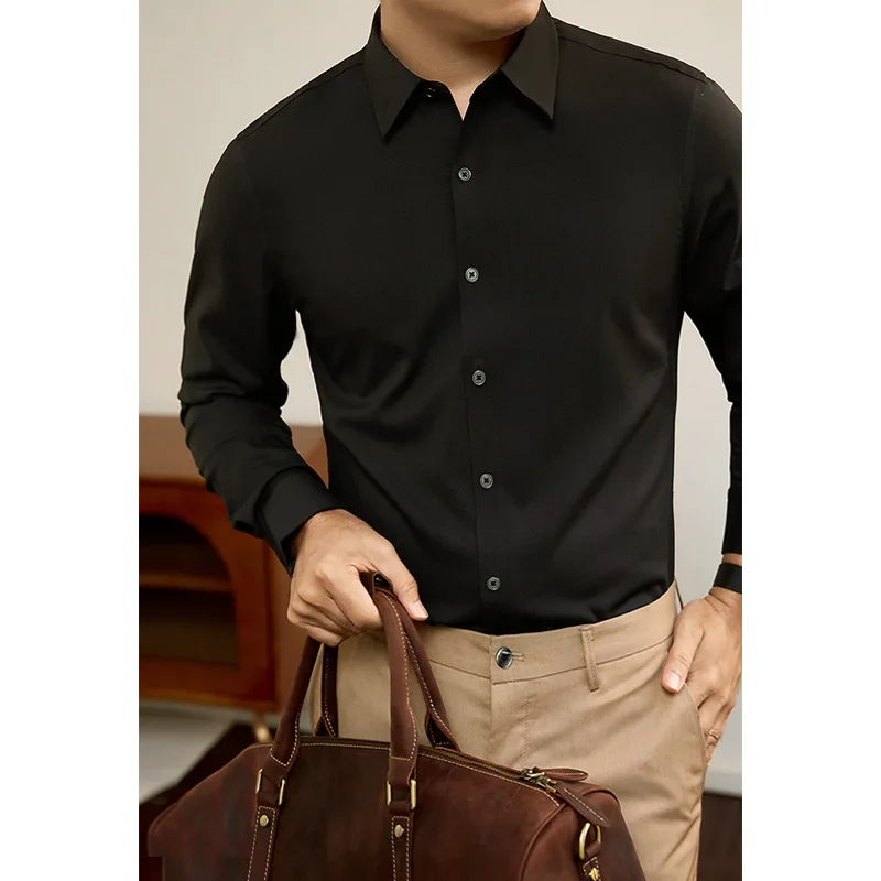 High-End Modal Mens Non-Ironing Anti-Wrinkle Long Sleeve Shirt Clean Fit Style PU Leather Fabric Nine Points Sleeve City Walk
