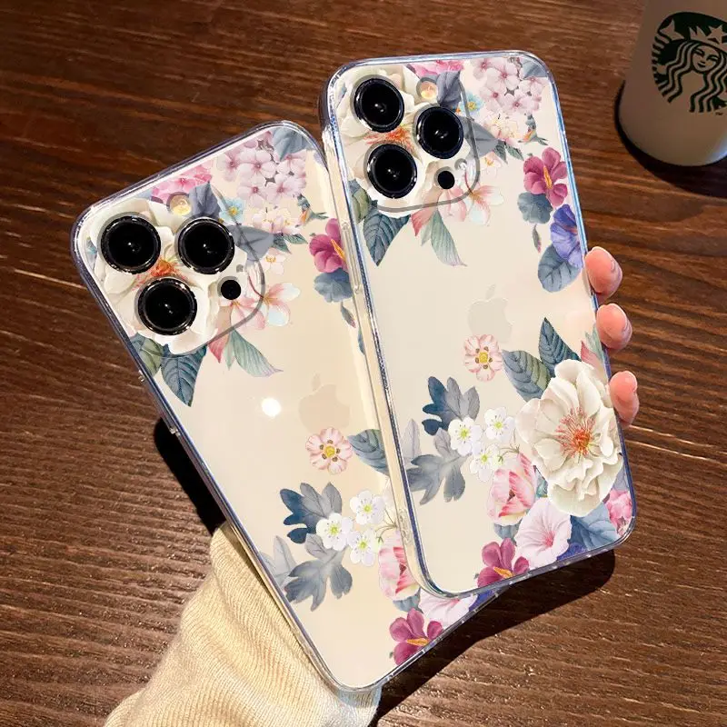 Ancient Style Flowers Clear Phone Case For iPhone 16 15 14 13 12 Mini 11 Pro Max XR X XS 14 15 7 8 Plus Y2K Soft Fundas Cover