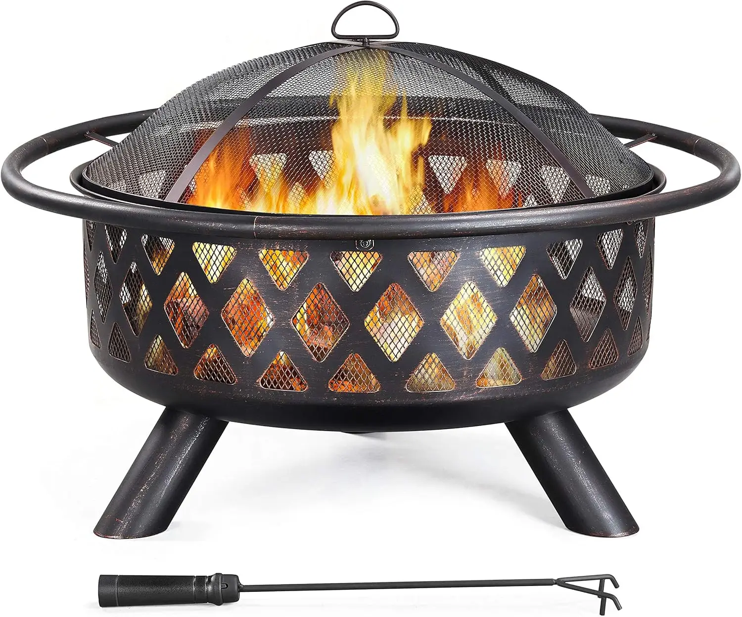 Outdoor Patio Wood Burning Fire Pit, Steel, Black, 36in Large Bowl with Mesh Spark Screen, Poker and Rain Cover