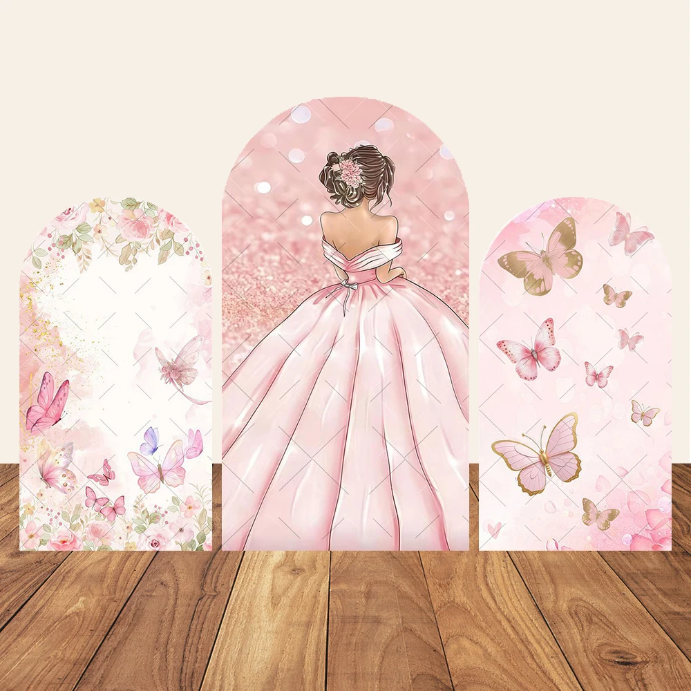 

Arched Background Cover Pink Butterfly Floral Sweet Quinceanera Princess Dress Backdrop Frame Wedding Birthday Party Decoration