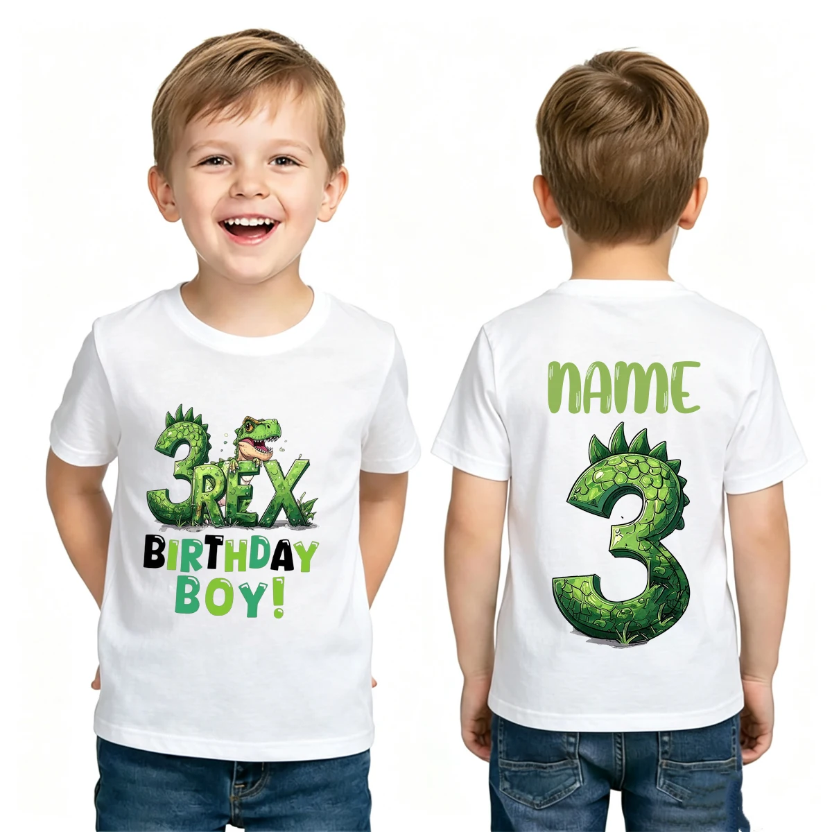 Personalized Name Dinosaur Theme Front and Back Print T-shirt - Fun Dinosaur Cartoon Boys' T-shirt - Cute Kids Party Gift  Tees