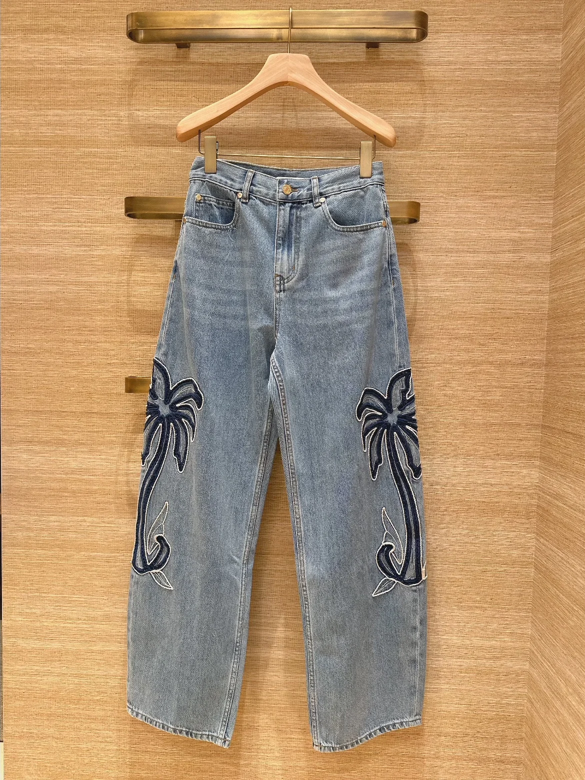 High Waist Wide Leg Cotton Denim Pants Embroidered Coconuts Tree Design Spring Summer Vacation Style Women's Premium Jeans