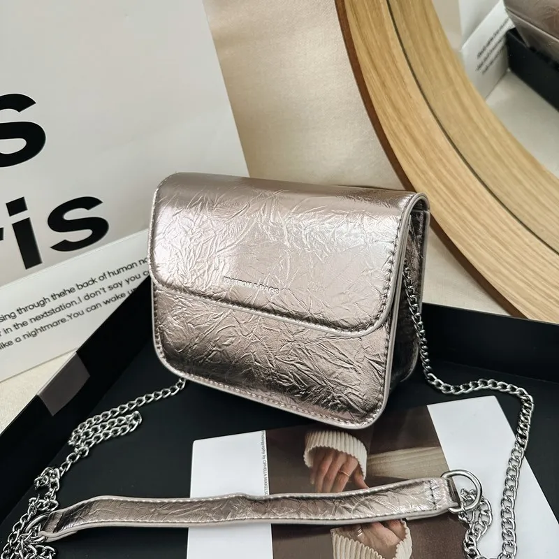 Vintage Women Silver Chic Crossbody Bag Luxury Designer Small Shoulder Bags Fashion Gold Mini Square Cute Pu Leather Handbag