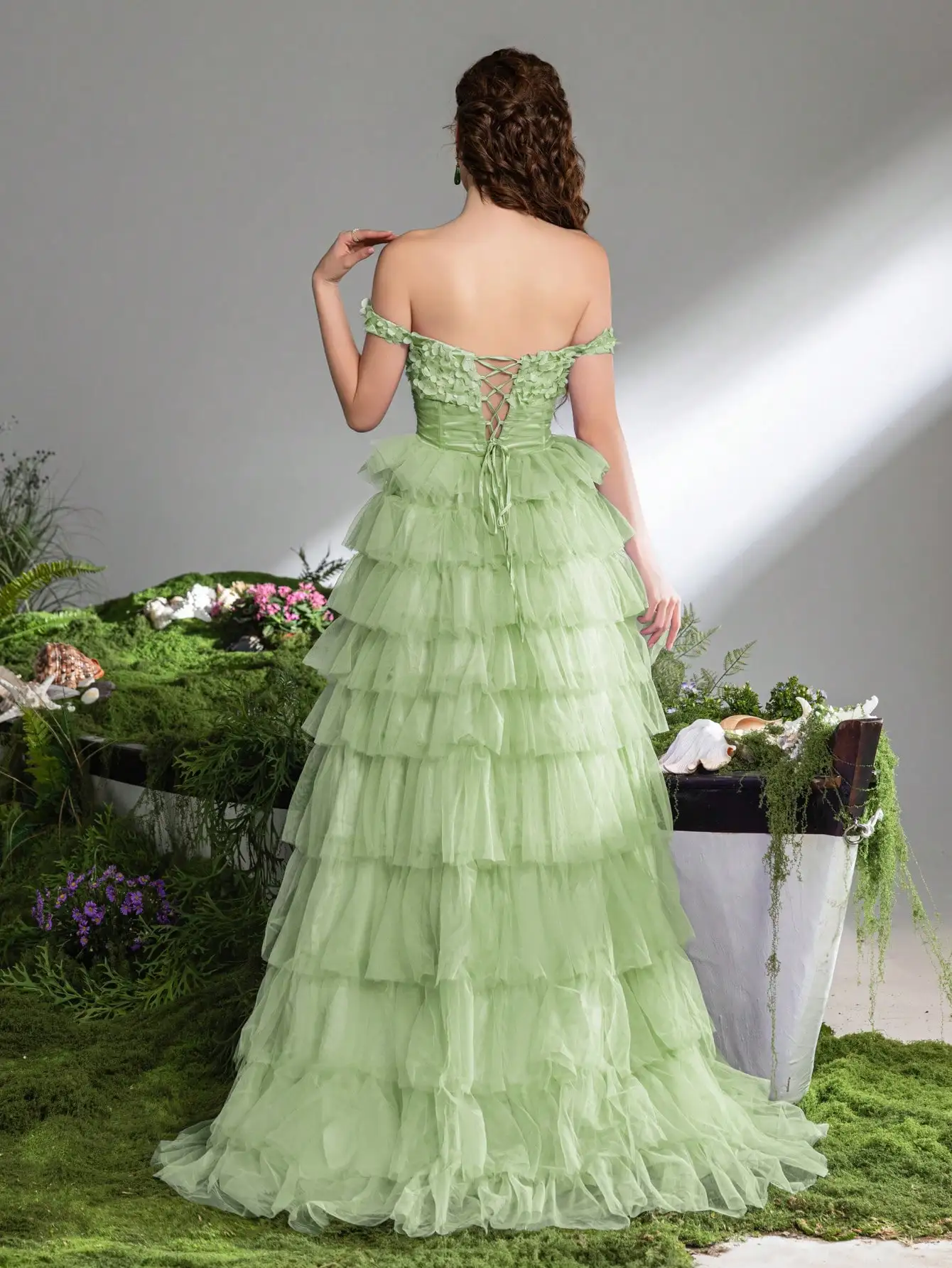Off-the-shoulder floral appliqué design, back tie waist, multi-layered tulle A-line skirt   luxurious party dress 2026