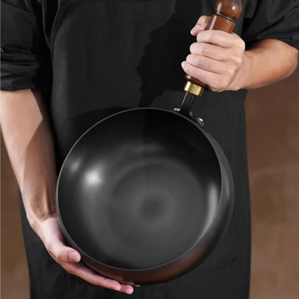 Gesunder handgeschmiedeter Gusseisentopf mit Holzdeckel, antihaftbeschichtet, großer Bauchtopf, Pfanne, unbeschichtet, chinesischer Wok, Induktionsherd, Gas