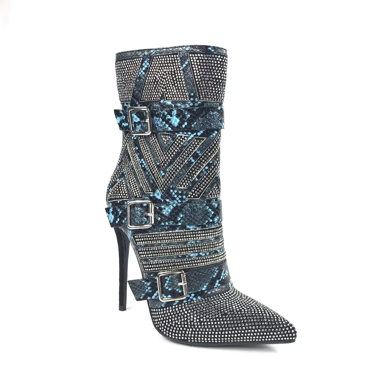 2024 Women's Rhinestone Denim Mid Calf Boot Pointed Toe Zipper Diamond Booties Sexy Stiletto Heeled Sparkly Bling Party Sho