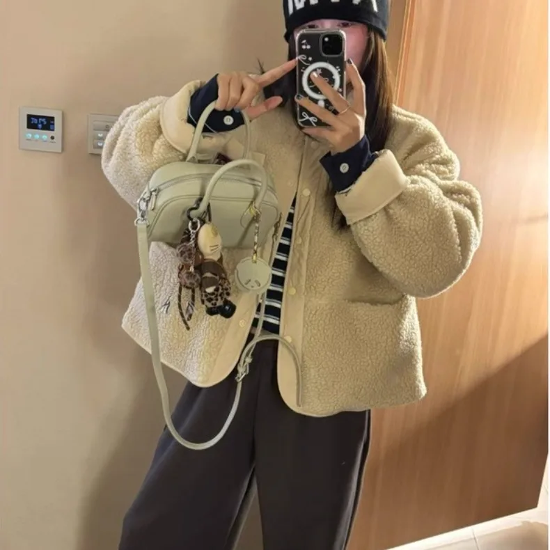 

Women's Cotton Jaet Coat Lamb Fur Lined Loose Fit Double Sided Wear Label Top Autumn Winter New Sle Retro Chic Coat