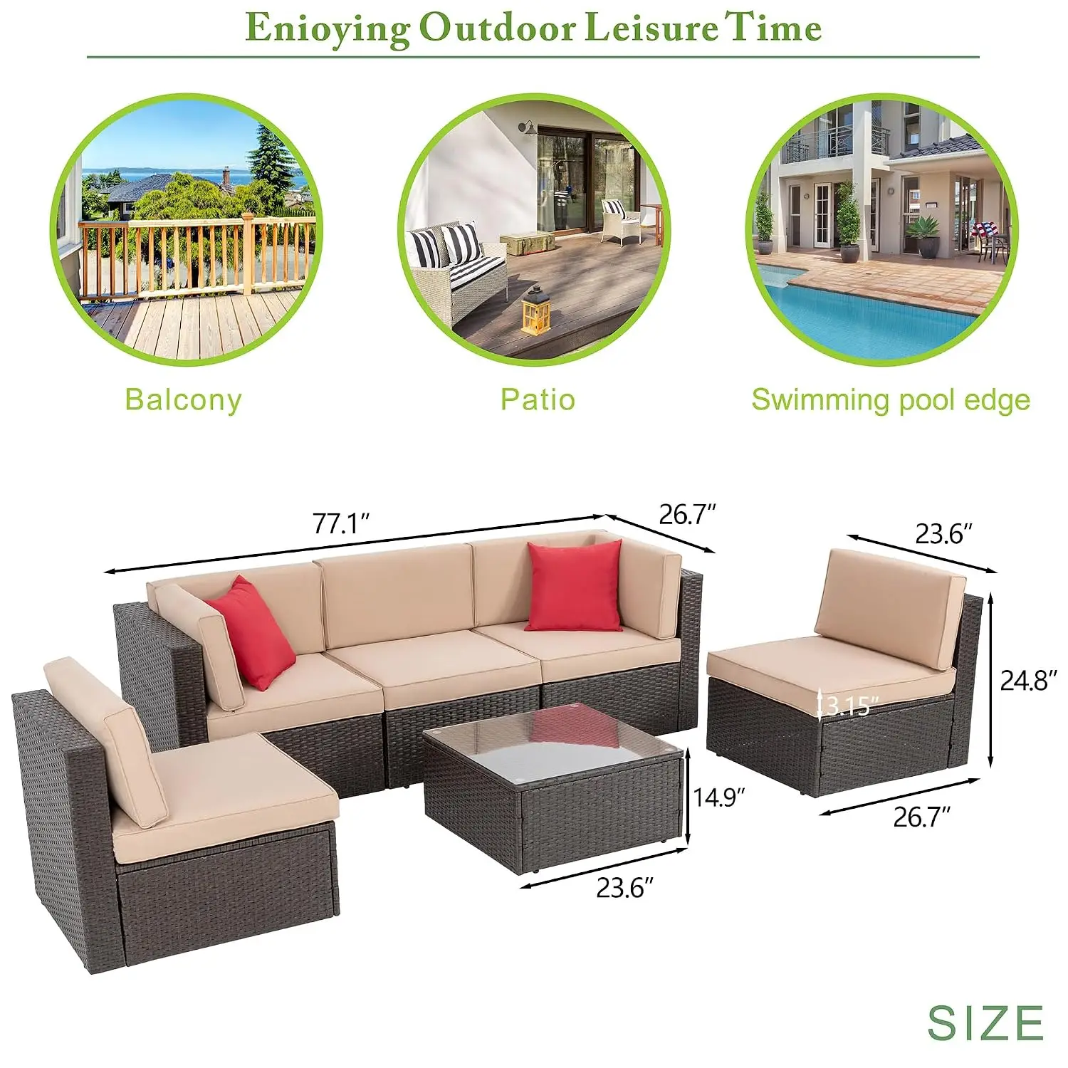 6-Piece PE Wicker Patio Sofa Set with Coffee Table for Garden Backyard Poolside, Customized