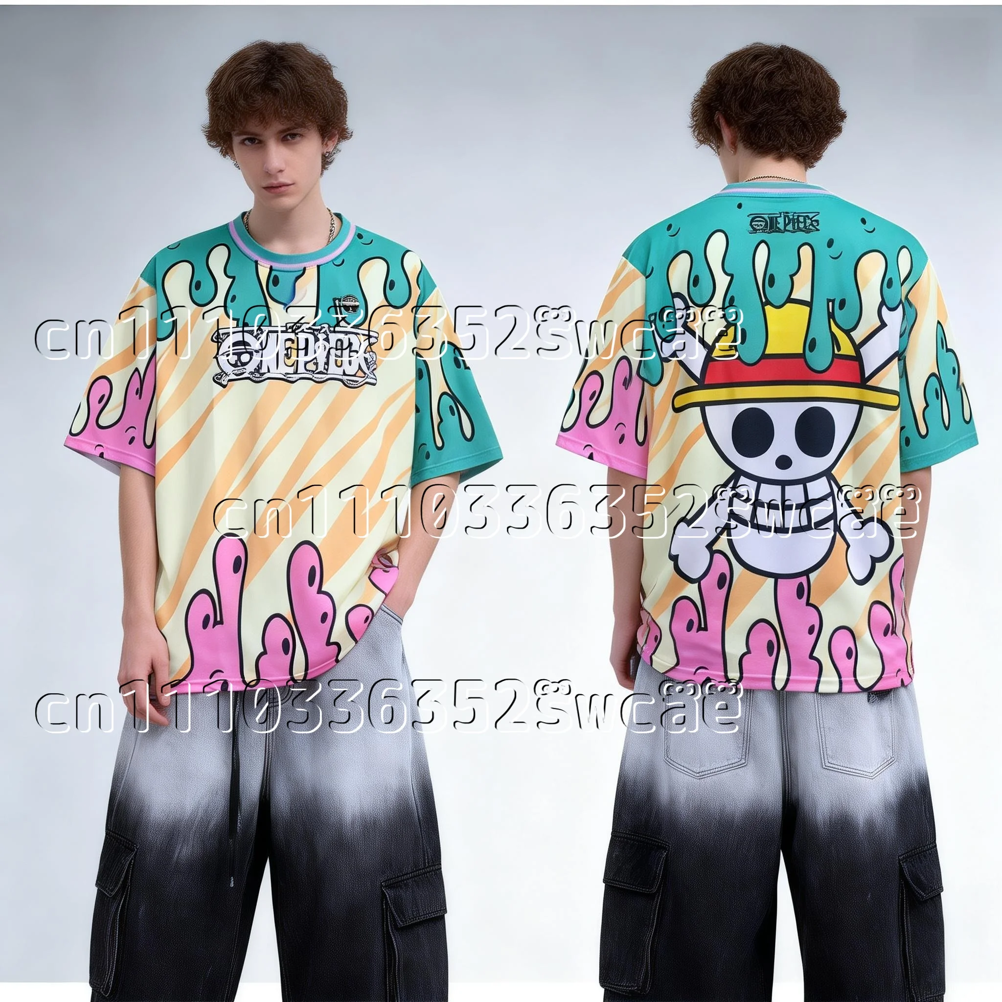 FamilyMatching One Piece Character Jersey Theme Trend Street Summer Adult Parent-child Outfit Oversized