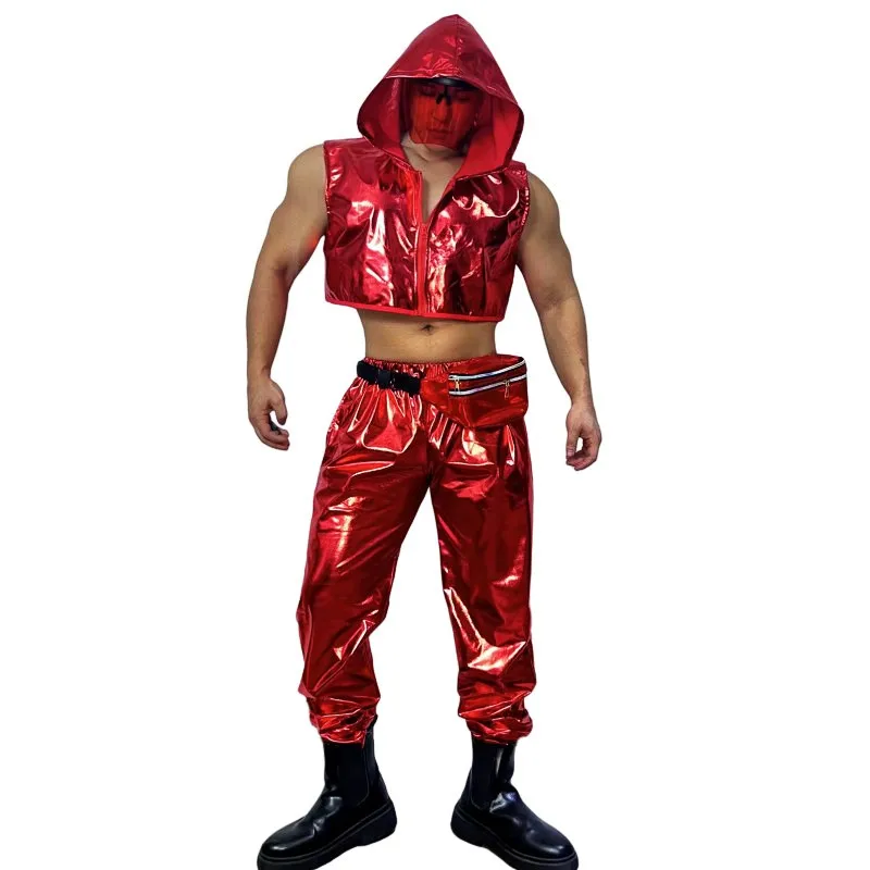 ヒップホップジャズパフォーマンス衣装レッドレザーベストパンツセットステージウェアナイトクラブバーゴーゴー男性ストリートダンスコスチュームダンサーグループ