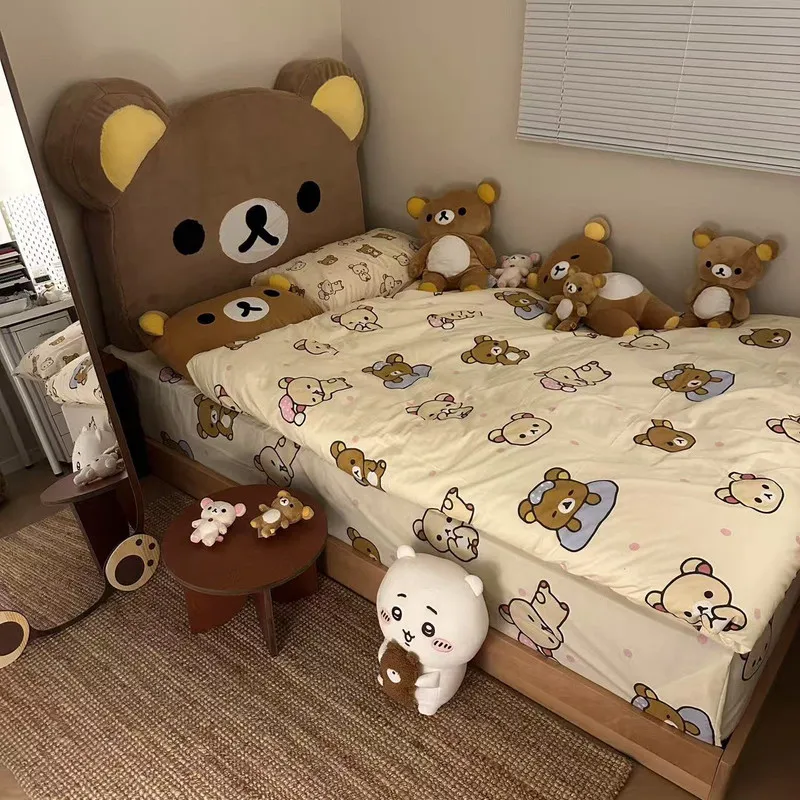Rilakkuma Bedding Set 3/4 Pcs Cotton Cartoon Anime Duvet Cover Quilt Cover Bed Sheet For Home Single Double Bed Students Dorm